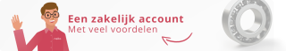 Illustratie van glimlachende man in rood shirt met tekst ‘Een zakelijk account met veel voordelen’ en lager op de achtergrond